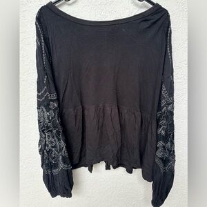 Black Free People Blouse with Silver Embroidered Sleeves